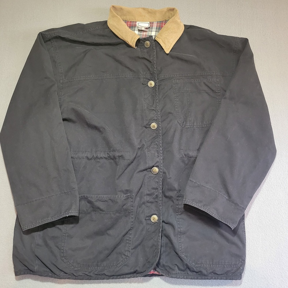 Vintage Boundary Waters Mens Large Black Cotton Barn Coat Flannel Leather Collar